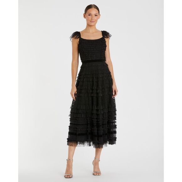 Mac Duggal NEW Ruffle Cap Sleeve Velvet Belt Tiered Midi Dress Black $598 Size 2 - Picture 2 of 16